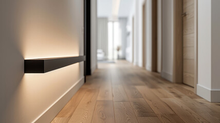 Modern hallway with hardwood floors and ambient lighting
