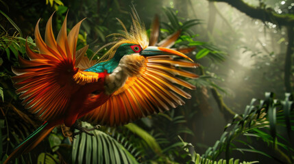 Fototapeta premium An intricate and colorful Wilson Bird-of-Paradise dancing in the undergrowth of the Indonesian forest, showing off its elaborate feathers.