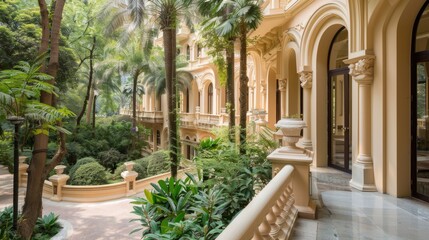 Fototapeta premium A beautifully designed Mediterranean-style residence with elegant archways and lush landscaping, basking in the warm sunlight of a clear afternoon