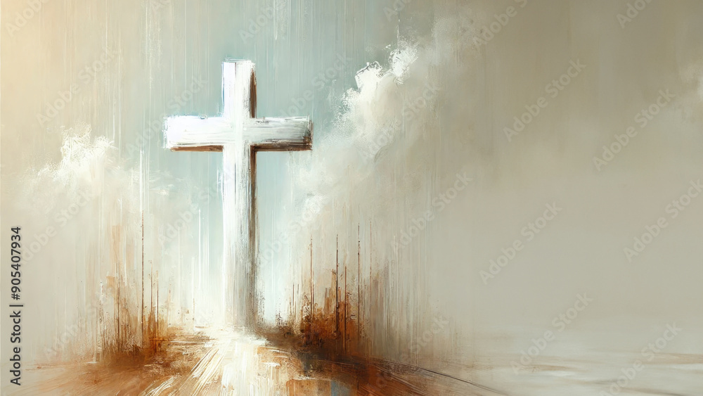 Wall mural white cross, serene marsh, glowing light in background. digital painting.