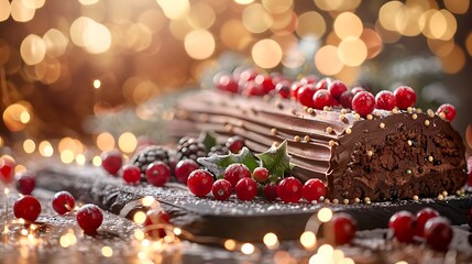 Classical christmas log cake in chocolate on a table surrounded by berries with a festive backdrop of bokeh lights
