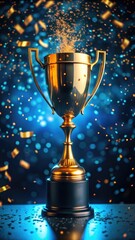 gold winners sports cup on festive black background with confetti, design trophy, Golden symbol of winner, celebration, sport competition, champion games