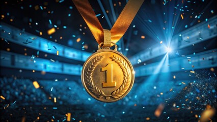 gold medal with number one for 1st place laurel wreath on festive background sport stadium with confetti, design trophy, Golden symbol of winner, celebration, sport competition, champion games