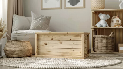 Wooden toy box in a cozy and organized children's room.