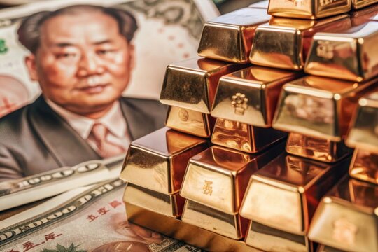 Stacked of gold bar on china banknote, CHY or Yuan with gold bar for trade war concept