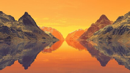 Naklejka premium Majestic Orange Sky and Misty Mountains Reflected in Calm Waters at Dusk