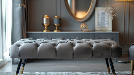 Tufted gray bench in elegant, modern living room
