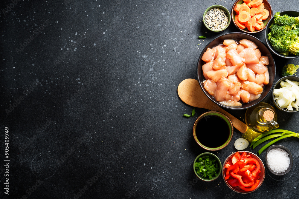 Wall mural Chicken stir fry with soy sauce and vegetables at black background. Ingredients for cooking, recipe. Flat lay with copy space.