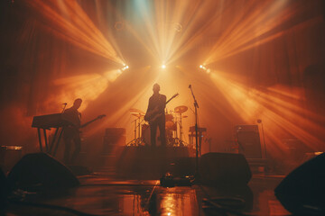 The band is performing at concert in club. Two guitarists and drummer. Lots of smoke and light.  