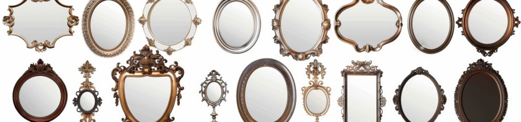Obraz premium Elegant Collection of Antique Decorative Wall Mirrors Isolated on White Background: Vintage Home Decor Elements for Interior Design and Luxury Furnishing Concepts. High-Resolution Display of Ornate Fr
