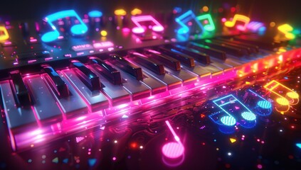 Neon Piano Keys with Colorful Music Notes