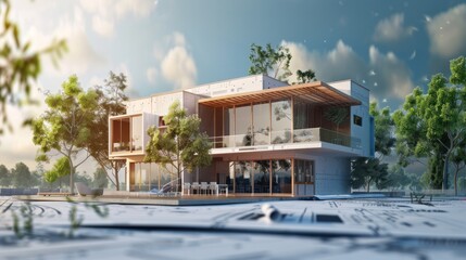 Fototapeta premium A beautiful modern home placed on an architectural blue print, transformation copy space