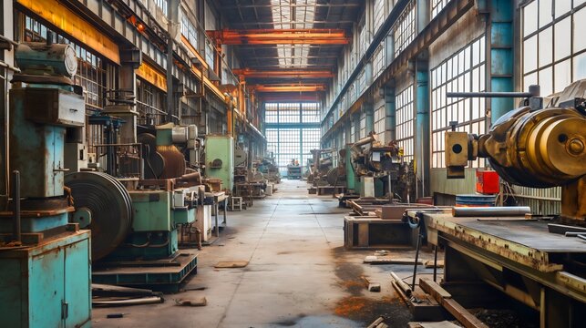 Old rusty workshop factory, workplace with industrial machines for wood metal work. Vintage steel construction, iron manufacturing, craftsmanship, carpentry heavy equipment tools, forge industry