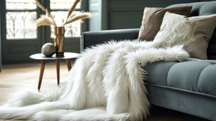 Cozy living room with a plush white blanket on a modern sofa.