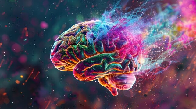 A brain is shown in a colorful explosion of light