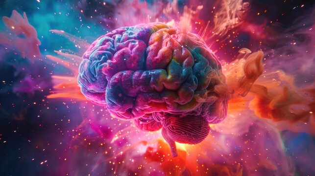A brain is shown in a colorful explosion of light