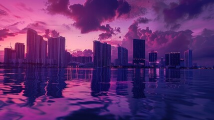 Fototapeta premium Glow of city skyline reflected over water surface