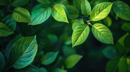 Fototapeta premium A close up of green leaves with a bright green hue. Concept of growth and renewal, as well as the beauty of nature