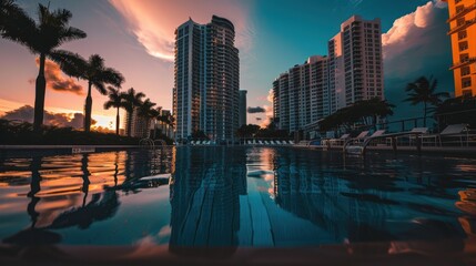 Fototapeta premium Sunset reflections by pool in cityscape background