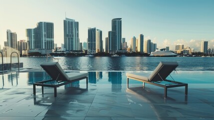 Two lounge chairs by a pool with city skyline view.