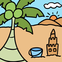 Hand drawn sand castle, bucket, coconut tree, mountain, sun for summer break, holiday, weekends, background, wallpaper, poster, post card, trip, vacation, travel, beach vibe, backdrop, print, souvenir