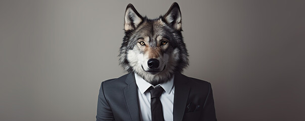 A businessman with a wolf's head dressed in formal attire stands confidently against a dark...