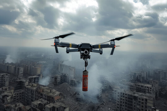 Loitering munition UAV drone with explosive flying over ruined city at sunset symbolizing aftermath of war and persistence of danger