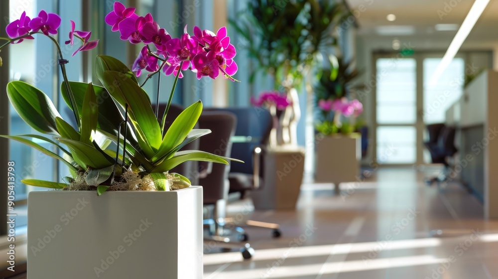 Poster brightly lit office interior featuring elegant orchids in planters, adding a touch of color to the w