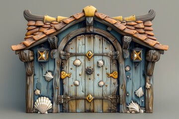 Rustic Wooden Door with Seashell Decor