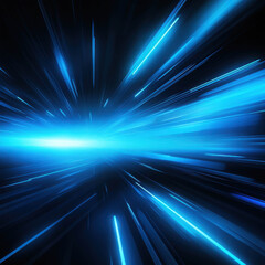 Fototapeta premium Blue Warp Speed: Dive into the abstract realm of lightspeed with this vibrant, high-energy background of converging blue streaks against a dark void. Ideal for conveying motion, technology, and the fu