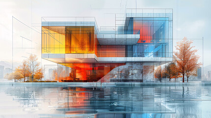 Modern architectural design blending real-life glass building with detailed blueprint, showcasing the transition from planning to completion with a dynamic contrast of cool blue tones and warm glow