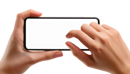 hands holding and interacting with a smartphone in a horizontal position with a blank white screen. Ideal for showcasing mobile apps, games cut out transparent isolated on white background PNG