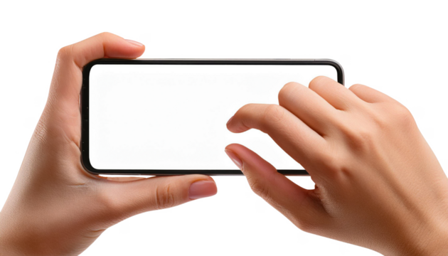 hands holding and interacting with a smartphone in a horizontal position with a blank white screen. Ideal for showcasing mobile apps, games cut out transparent isolated on white background PNG