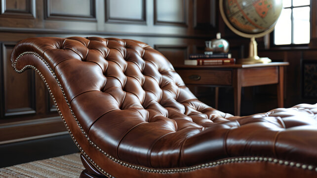Elegant leather chaise lounge in a vintage study room.