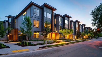 Obraz premium a row of townhouses at dusk. residential home in a modern development. modern building