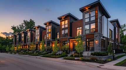 a row of townhouses at dusk. residential home in a modern development. modern building