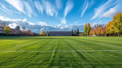 Green Grass Field with White Lines and Building in the Background.