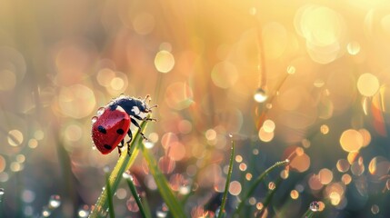 Naklejka premium A serene and enchanting scene of a ladybird perched delicately on a blade of grass, its vibrant red shell glistening with fresh morning dew
