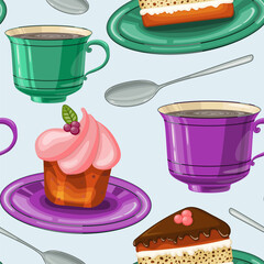 Coffee and cupcakes vector seamless pattern