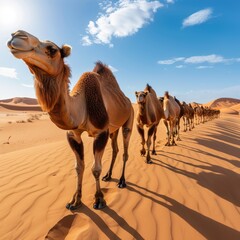 A Caravan of Camels Marching Together in a Warm Desert, Embracing the Spirit of Journey and Adventure