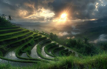 Photographs of rice terraces in Chiang Mai, a cloudy sky with the sun shining through the clouds