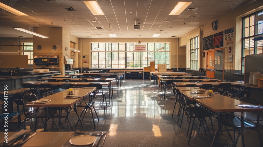 Poster Empty Classroom with Sunlight Streaming Through Windows.