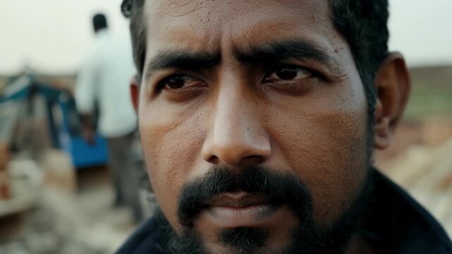 A closeup of a mans face his features slack and his eyes unfocused. The lines on his face tell a story of hard work and his beard is unkempt. He is of MiddleEastern descent and the