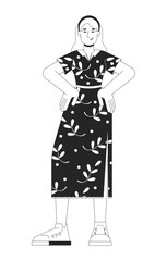Blonde woman standing with hands on hips black and white 2D line cartoon character. Summer dress caucasian female isolated vector outline person. Contemporary fashion monochromatic spot illustration
