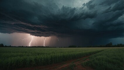 thunderstorm over the field, gloomy atmosphere, rain, lightning