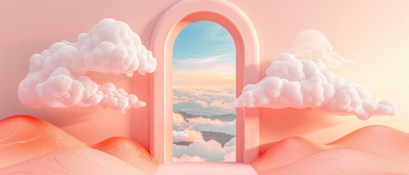 Fiery arched doorway with a cloud view, a minimalist illustration style , magical and enchanting