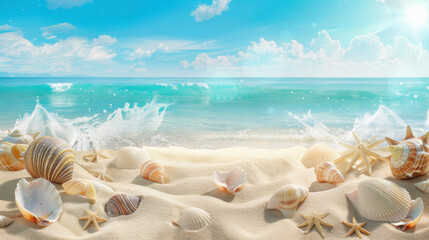 Beach banner stand with seashells, sand, and a turquoise sea.