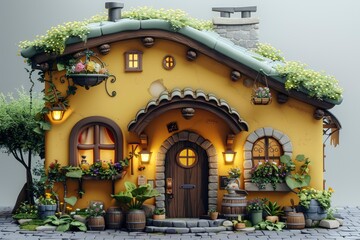 Charming Yellow Cottage with Greenery and Stone Details