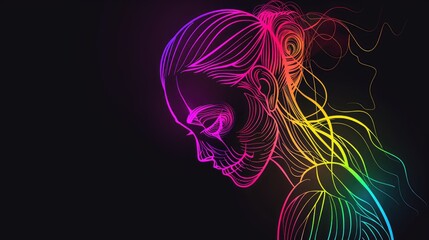 Vibrant neon digital illustration of a woman's profile, showcasing artistic lines and dynamic colors on a dark background.