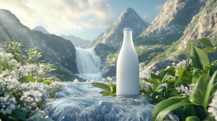 3D glass bottle of white mineral water elegantly perched on cascading waterfall leaves, surrounded by serene mountains, creating a captivating and organic advertising visual.